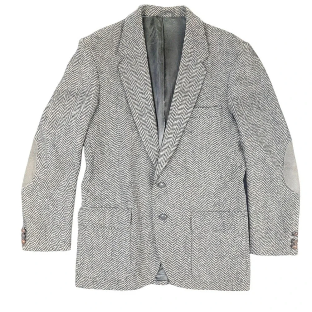 Wolf by Farah Mens Gray Herringbone Wool Blazer 42L Suede Elbow Patches Vintage